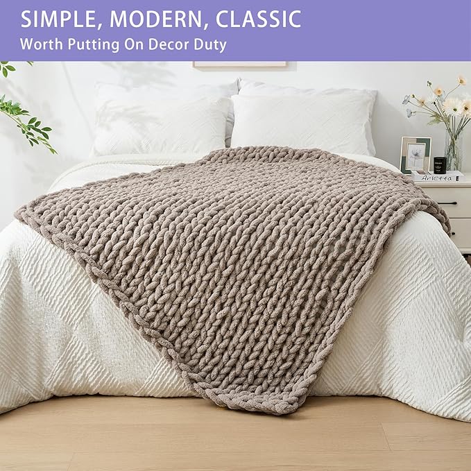 Bigacogo Chunky Knit Throw Blanket for Couch, 40x60 inches, 100% Hand Knitted with Thick Jumbo Chenille Yarn, Cozy Soft Large Rope Knot Cable Crochet Blankets for Sofa Bed Living Room, Taupe-Ruum Studio Home