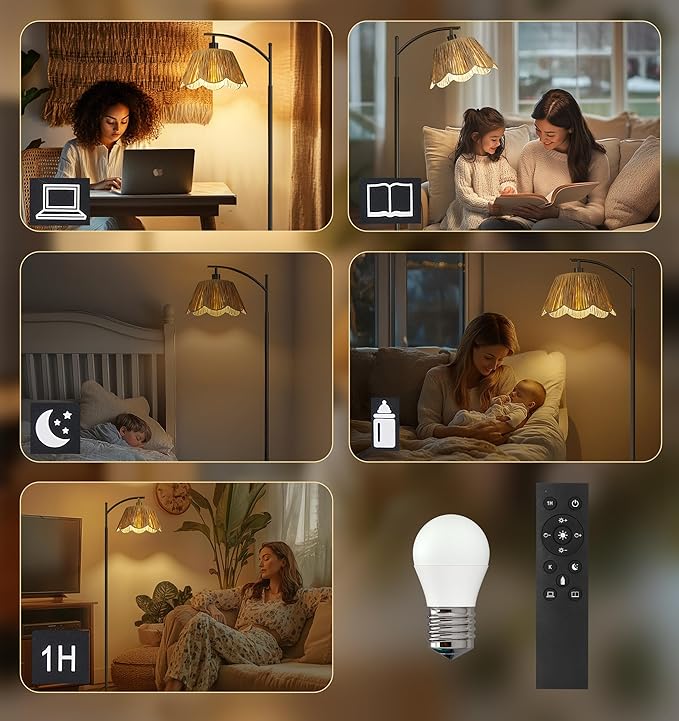 Oneach Arc Floor Lamp for Living Room with 3 Color Temperatures, Rattan Boho Floor Lamp with Hand-Woven Wicker Shade,Farmhouse Floor Lamps with Remote & Dimmable Bulb, Suitable for Bedroom（Black）-Ruum Studio Home