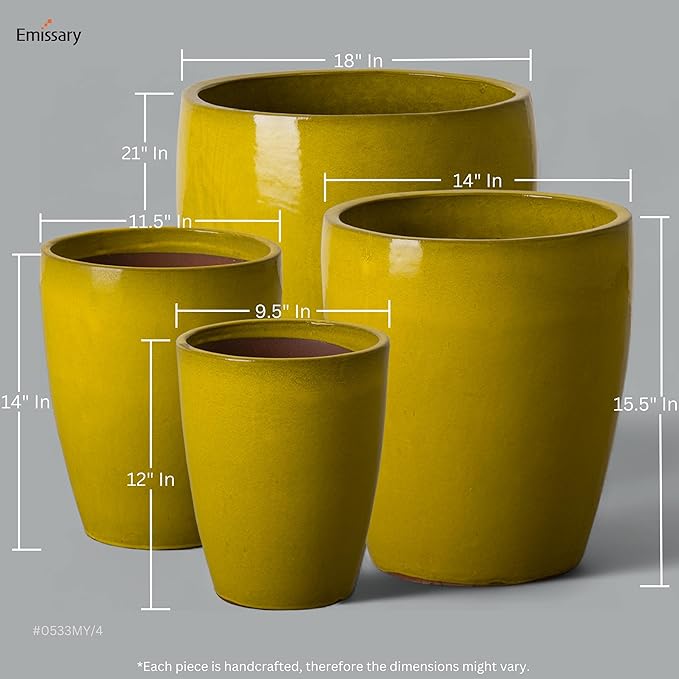 Emissary Bullet 14 in. Mustard Yellow Ceramic Round Planter (14 in. L x 14 in. W x 15.5 in. H) with Drainage Hole-Ruum Studio Home