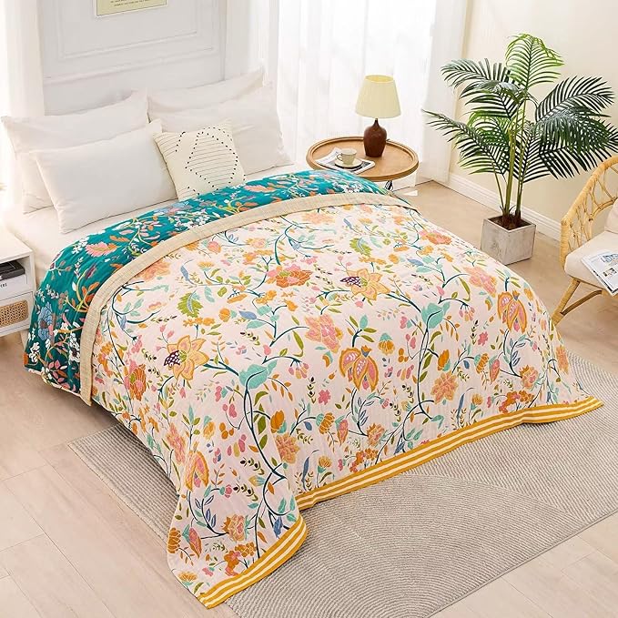 Boho Throw Blanket for Bed, 100% Cotton Soft Rustic Quilt Fall Blanket, 80" 90" Floral Printed Farmhouse Decor Bed Blankets, All Season Rustic Reversible Bohemian Throw Quilt-Ruum Studio Home