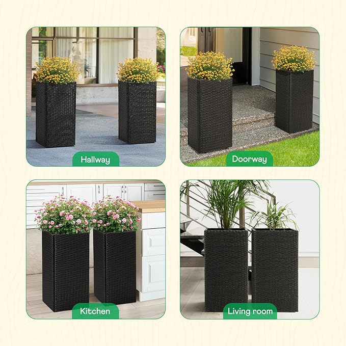IDZO All-Weather Wicker Planters, Set of 2, 24 in Tall Wicker Planters, Self-Watering with Drainage, Durable PP Material, Raised Garden Bed Alternative, Indoor Outdoor Use, Modern Rattan Design-Ruum Studio Home