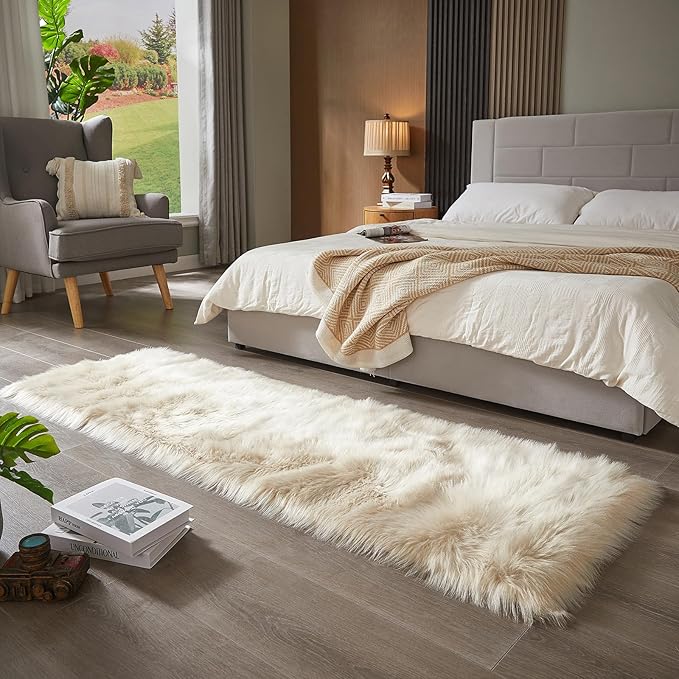 AMTOVO Faux Fur Rug, Beige Ultra Soft Fluffy Shag Sheepskin Rug, 2 x 6 ft Runner Area Rugs for Bedroom Sofa Throw Cushion Room Decor, Rectangle-Ruum Studio Home