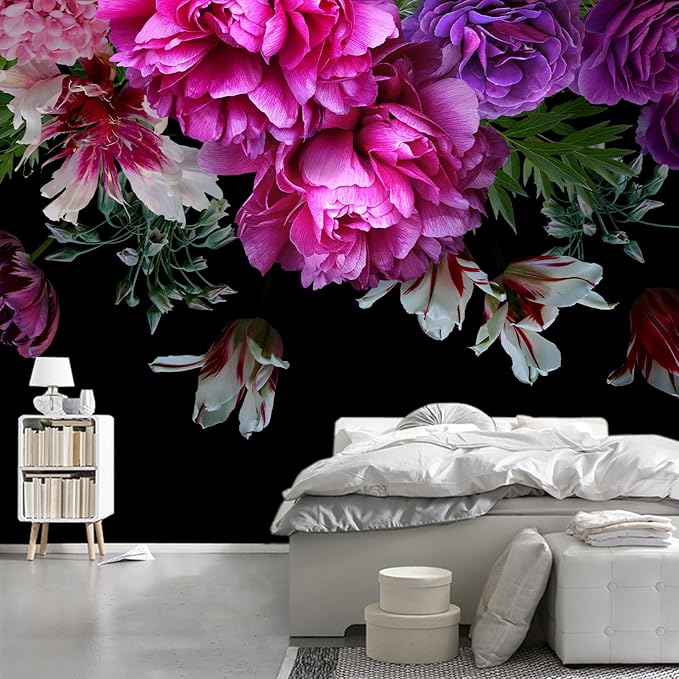 WFBHUA-Purple Peony Floral Wallpaper Tropical Botanical Leaf Rose Flower Wall Mural for Bedroom(Not Peel and Stick)-Ruum Studio Home