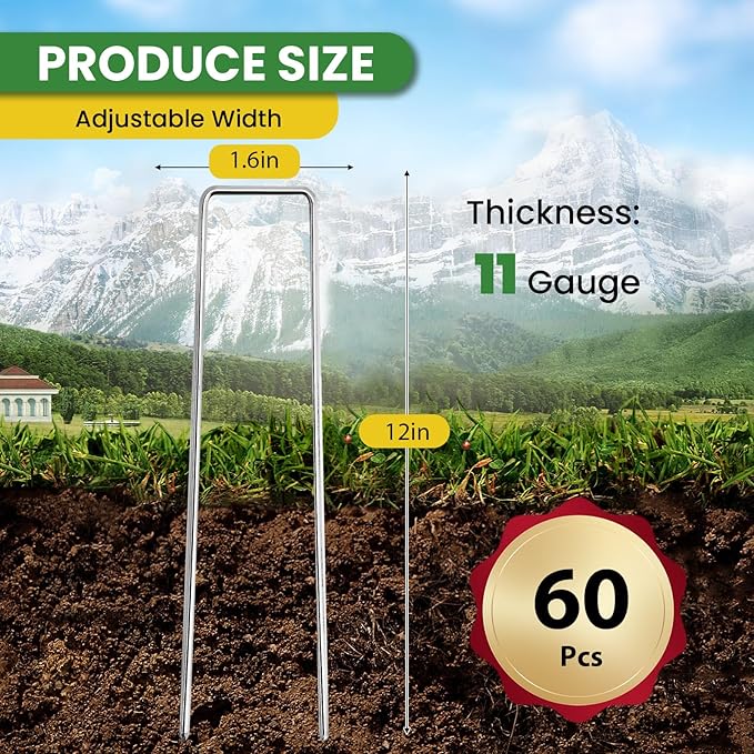Landscape Staples Galvanized 12 Inch 60 Pcs, Metal Garden Stakes 1.6 Inch, Garden Staples for Weed Barrier Lawn 11 Gauge-Ruum Studio Home