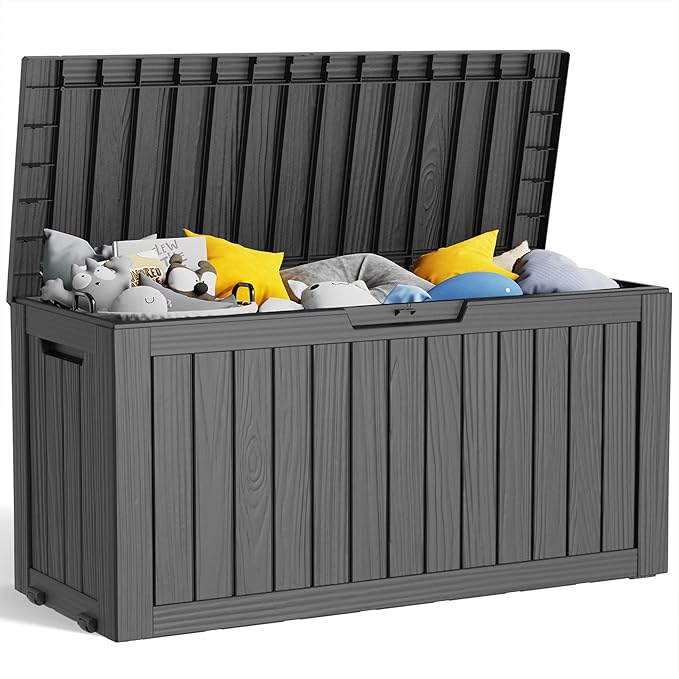 75 Gallon Resin Deck Box, Lockable Patio Outdoor Storage Box for Furniture, Garden Tools and Tools Storage, Waterproof Outside Storage Boxes - Black-Ruum Studio Home
