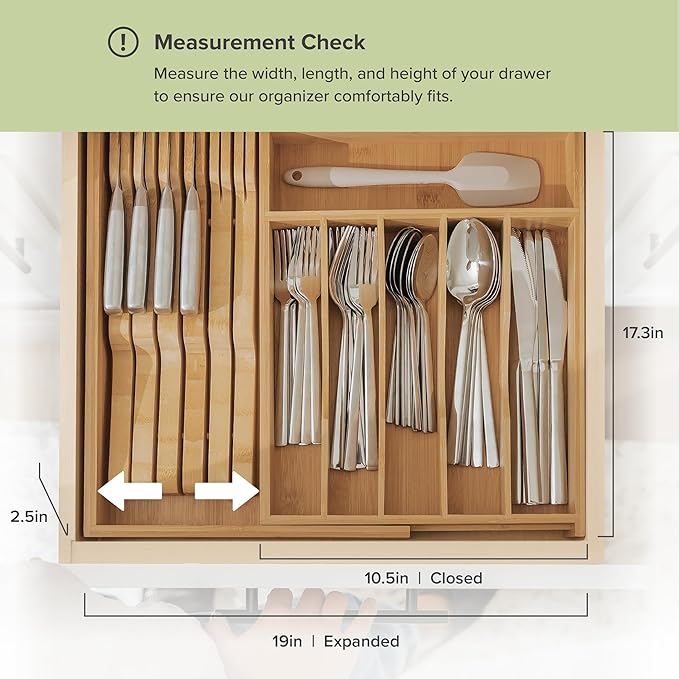 Premium Silverware, Flatware and Utensil Organizer for Kitchen Drawers, Food-Safe Contract Grade, Expandable from 10.5 to 19 In, Natural Bamboo-Ruum Studio Home