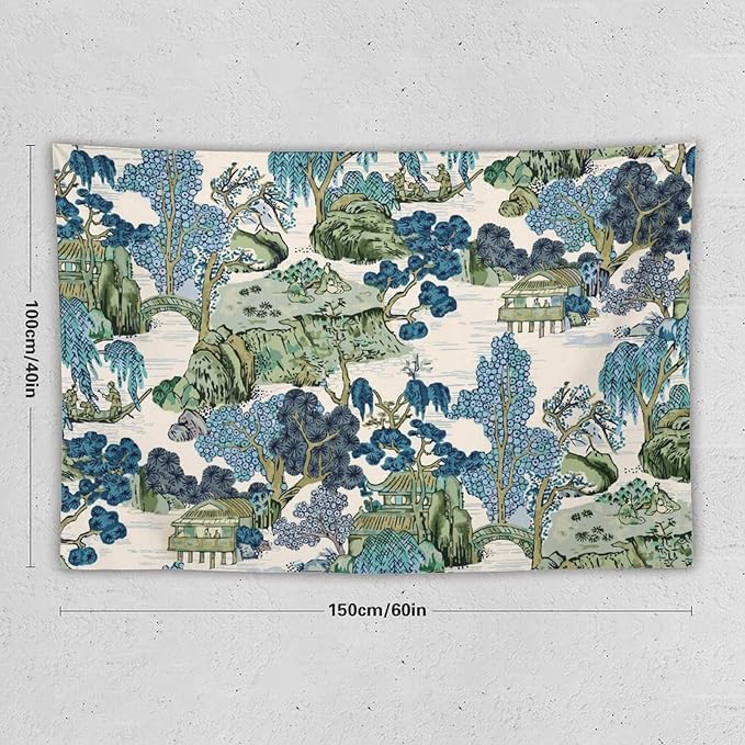 Chinoiserie Tapestry,Asian Watercolor Abstract Art Tapestry,Asian Japanese Wall Tapestry, Nature Landscape Tapestries for Bedroom Living Room Decor 60"x40"-Ruum Studio Home