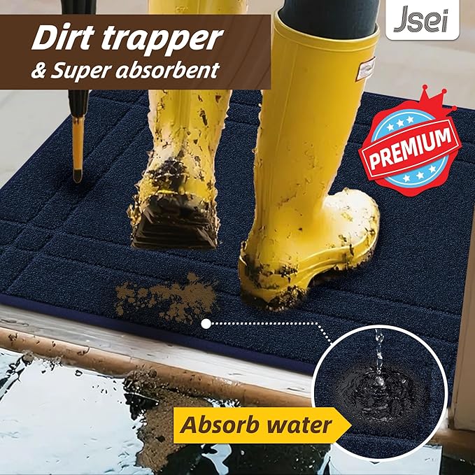 JSEI Entryway Rugs Doormat 24"x36", Non-Slip Dirt Trapper Door Mats Indoor, Washable Absorbent and Stain Resist Welcome Floor Mat for Front Door, Dog Door Mat, Muddy Wet Shoes & Paws, Navy Blue-Ruum Studio Home