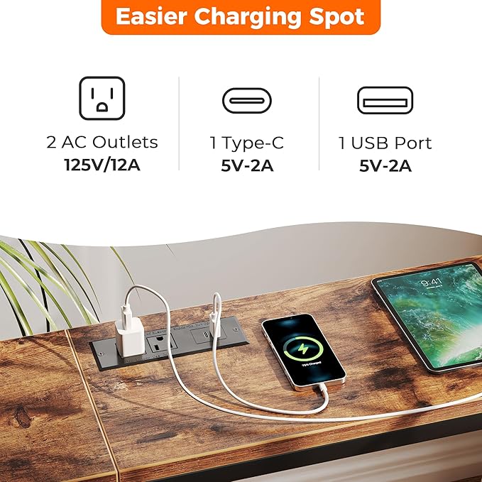 SUPERJARE Console Table with Outlet, 63 Inch Sofa Table with Charging Station, Narrow Entryway Table, Behind Couch Table, for Living Room, Plants - Rustic Brown-Ruum Studio Home