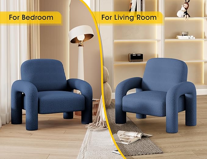 Modern Sherpa Accent Chair, Teddy Upholstered Arm Single Sofa, Cozy Fluffy Reading Chair for Living Room, Bedrooms, Corner (Navy Blue)-Ruum Studio Home