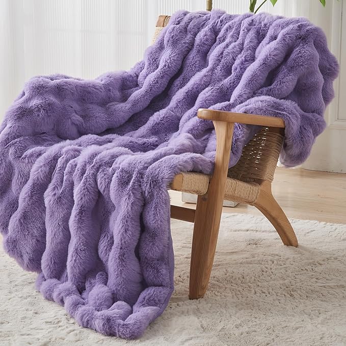 Lotus Karen Faux Fur Throw Blanket Purple - Big Bubble Rabbit Fluff Blanket for Couch Bed Sofa,Softest Fluffy Fuzzy Cozy Blanket,Thick Furry Plush Shaggy Warm Blankets for Women,60x80 Inches-Ruum Studio Home
