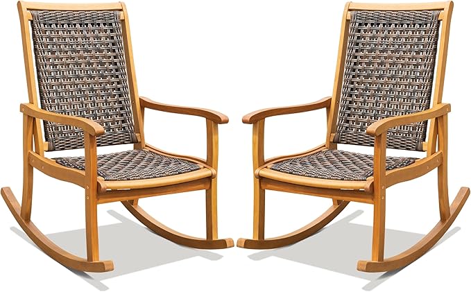 Idzo Wood Wicker Rocking Chair, 400 lbs Capacity, Durable Eucalyptus Wood, Natural Finish, Comfortable Curvy Design, Ideal for Deck, Patio Furniture, Teak Outdoor Furniture, Set of 2-Ruum Studio Home