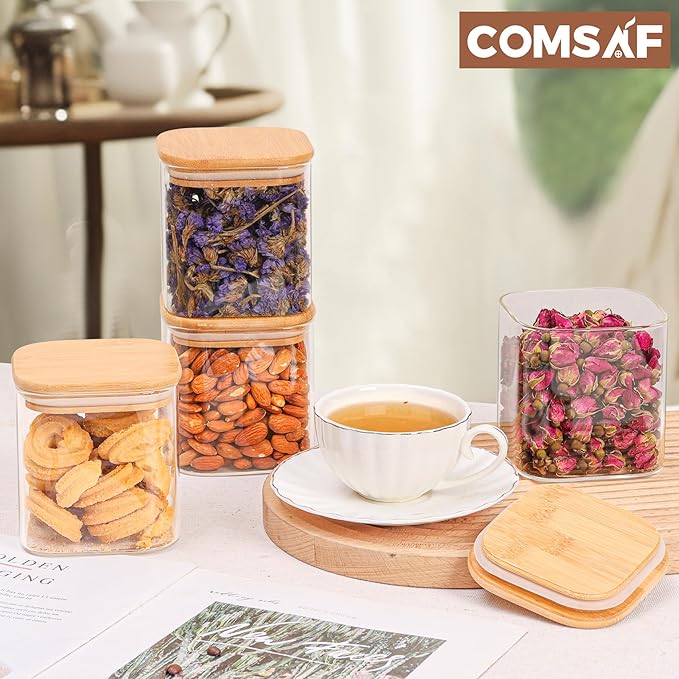 ComSaf 0.7 Qt Glass Food Storage Jars Set of 4, Clear Glass Storage Containers with Lids, Pantry Organization Jar, Spice Jar, Blooming Tea, Coffee and Sugar Container, Small Canister Set for Kitchen-Ruum Studio Home