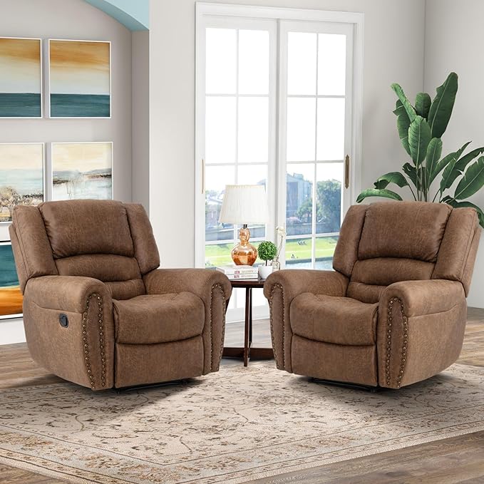 CANMOV Leather Recliner Chair, Classic Breathable Manual Recliner Chair with Comfortable Arm and Back Single Sofa for Living Room, Camel-Ruum Studio Home
