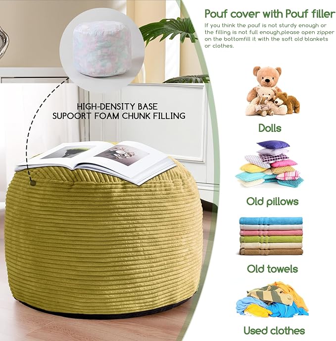 HIGOGOGO Round Stuffed Pouf Ottoman, Corduroy Poufs with Foam Chunk Filling, Furry and Fluffy Pouf Foot Stool Storage Ottoman, 20 X 15 Floor Poufs Foot Rest for Living Room, Green-Ruum Studio Home