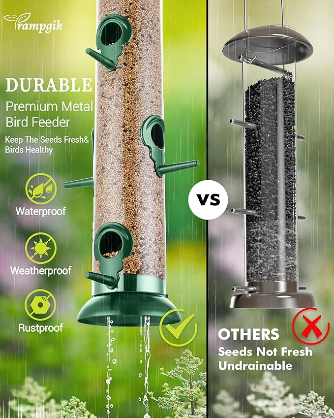 Metal Tube Bird Feeders for Outdoors Hanging,Finch Feeders for Outside,Chew-Proof Hanging Birdfeeder,Squirrel-Proof 6 Ports Bird Feeder 13 Inch,Anti-Rust,Green,1 Pack(Seed is not Included)-Ruum Studio Home