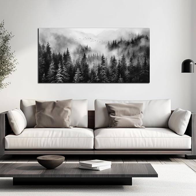 Foggy Forest Wall Art for Living Room,Black and White Pictures for Wall,Tree Wall Decor for Bedroom 20 x 40 Inch-Ruum Studio Home