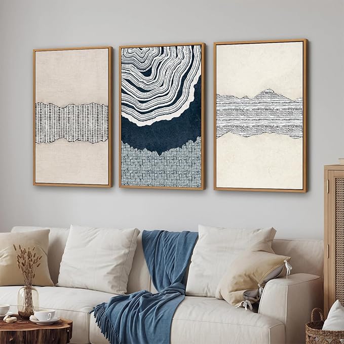 SIGNINART Blue and Beige Framed Canvas Wall Art Set, Neutral Abstract Tree Ring Wall Decor, Minimalist Dots and Line Artwork, Geometric Pattern Art Paintings for Living Room, Bedroom, Office 16"x24"x3-Ruum Studio Home