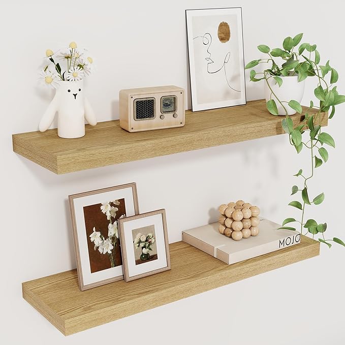 Fun Memories Floating Shelves for Wall, 22.5" Rustic Wood Deep Wall Mounted Shelves with Invisible Brackets for Decor & Storage, Floating Shelf for Living Room, Bathroom (Oak, Set of 2)-Ruum Studio Home