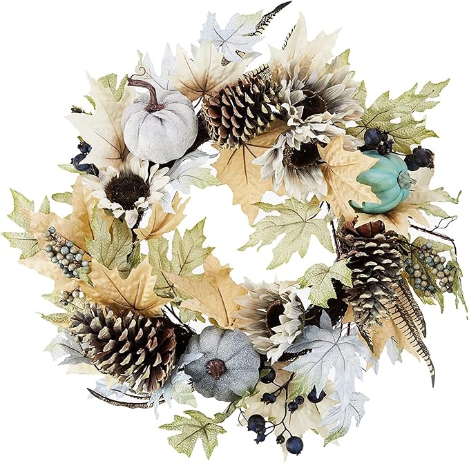 Admired By Nature 24 Inch Artificial Pumpkin Sunflower Fall Wreath Wall Door Farmhouse Decor For Home Office Thanksgiving Harvest Wreaths For Front Door Cemetery Wreaths Indoor Outdoor, Rustic White-Ruum Studio Home