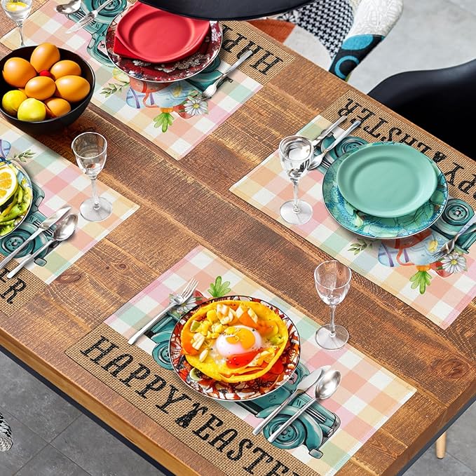 Happy Easter Placemats Set of 4 Pink Yellow Blue Buffalo Plaid Truck Eggs Daisy Easter Table Mats Spring Seasonal Linen Place Mat Washable Place Mats for Party Kitchen Dining Outdoor Indoor Decor-Ruum Studio Home