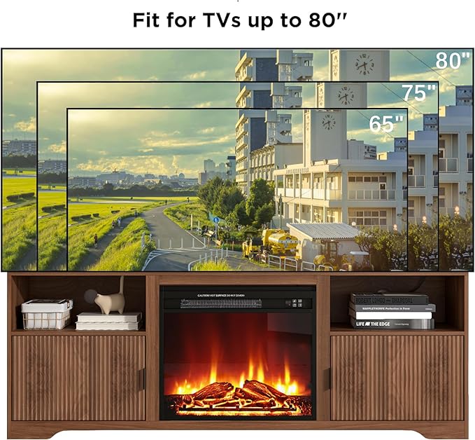 Fireplace TV Stand for Television up to 80 Inch,Entertainment Center with Adjustable Shelf,Mid-Century Modern Fluted TV Stand with 23" Electric Fireplace,Media Console for Living Room,Bedroom-Ruum Studio Home