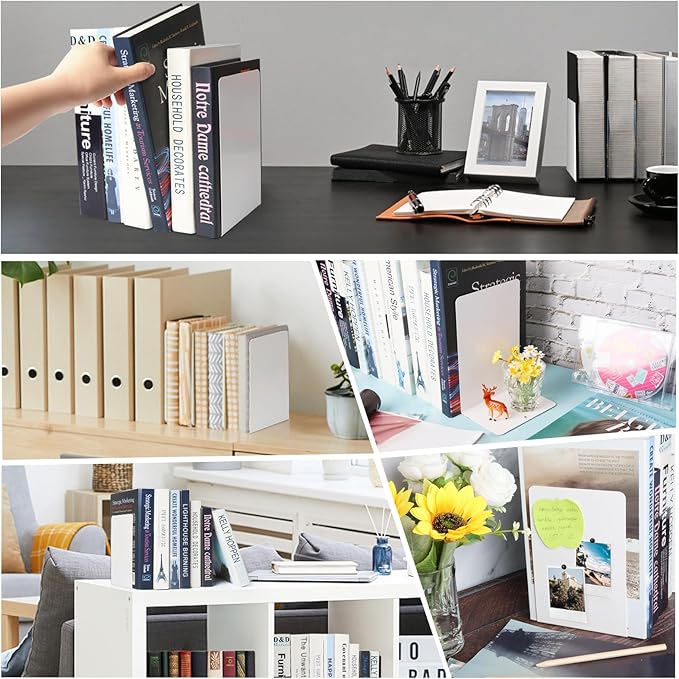 VONDERSO Metal Bookends White, 2 Pairs Metal Bookends Heavy Duty for Shelves Decor Home Office, Unique White Book Ends Supports Anti-Slip for Kids Girls-Ruum Studio Home