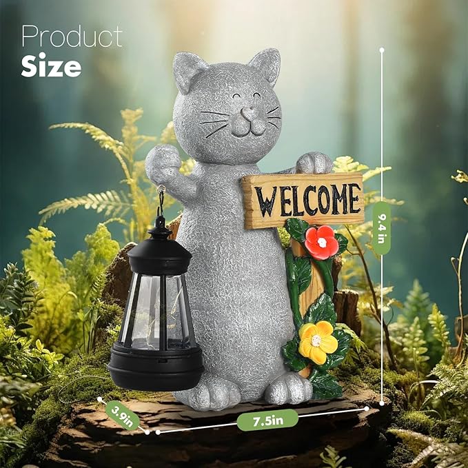 Json Garden Statue Solar Cat Figurine with Lantern, Solar Garden Decorations Statues for Patio, Balcony, Yard Ornament, Unique House Warming Gifts Figurine Lights, Gifts for Women, Mom-Ruum Studio Home