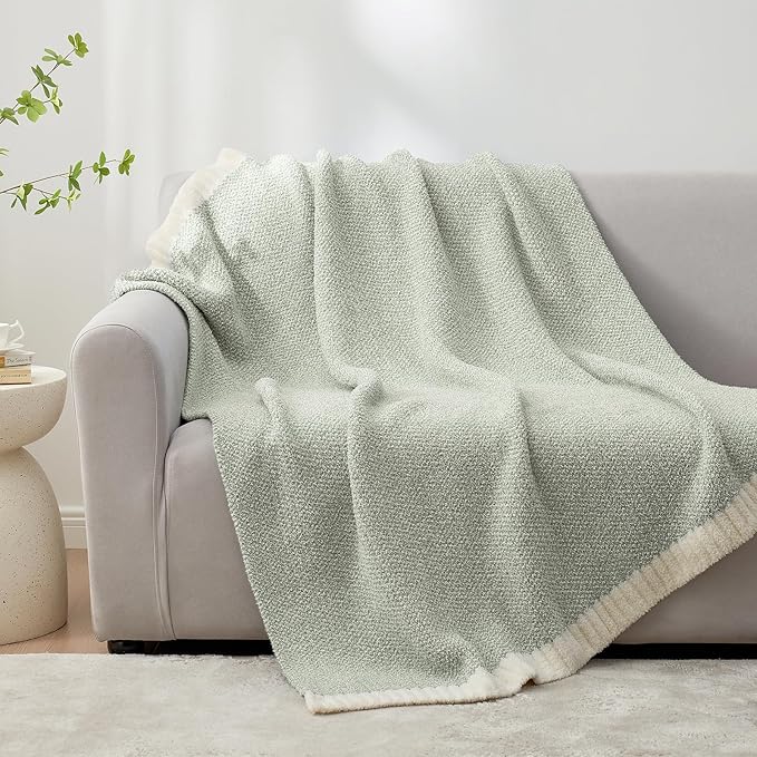 Snuggle Sac Heather Sage Green Throw Blanket for Couch, Reversible Super Soft Knitted Blankets Warm Cozy Fuzzy Throws for Sofa, Bed, Camping, Sage Green, 50x60 inches-Ruum Studio Home