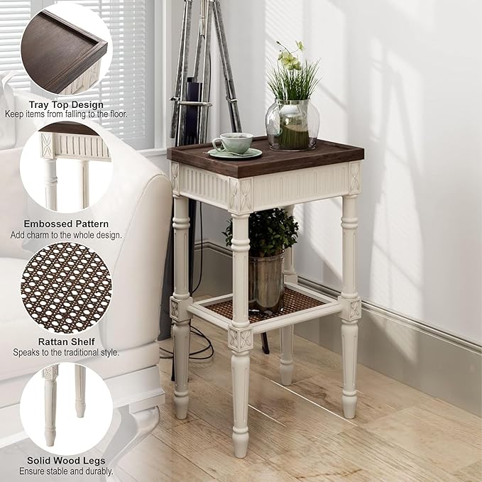 Rustic Farmhouse Cottagecore Accent End Table, Distressed Accent Side Table with Espresso Tray Top and Woven Wicker Shelf, Boho, French Country Decor, Square, Weathered Brown & White-Ruum Studio Home
