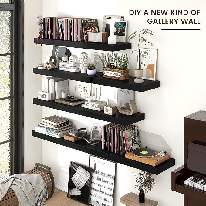 Floating Shelves - 2 Large Wall Mounted Shelves with Invisible Brackets, Long Wood Floating Wall Shelf for Living Room, Bedroom, Kitchen (Black, 36" W x 9" D x 1.5" H)-Ruum Studio Home