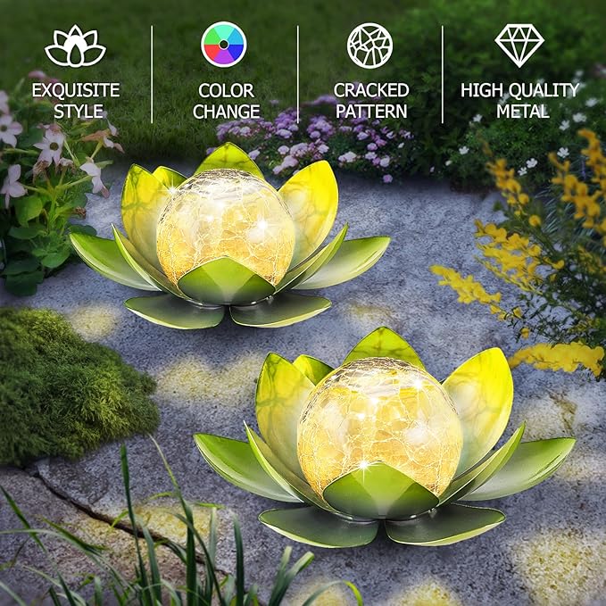 Garden Solar Light Outdoor(2Pack),Crackle Globe Glass Lotus Decoration, Waterproof Metal LED Flower Lights for Patio,Lawn,Walkway,Tabletop,Ground-Ruum Studio Home