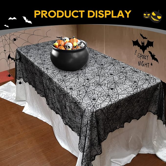 eZAKKA Halloween Table Cloth, Spider Webs Tablecloths Black Tablecloth Lace Fabric Table Cloths Spooky Cover for Rectangle Tables for Parties Gothic Halloween Home Decorations, 60x84 Inch-Ruum Studio Home
