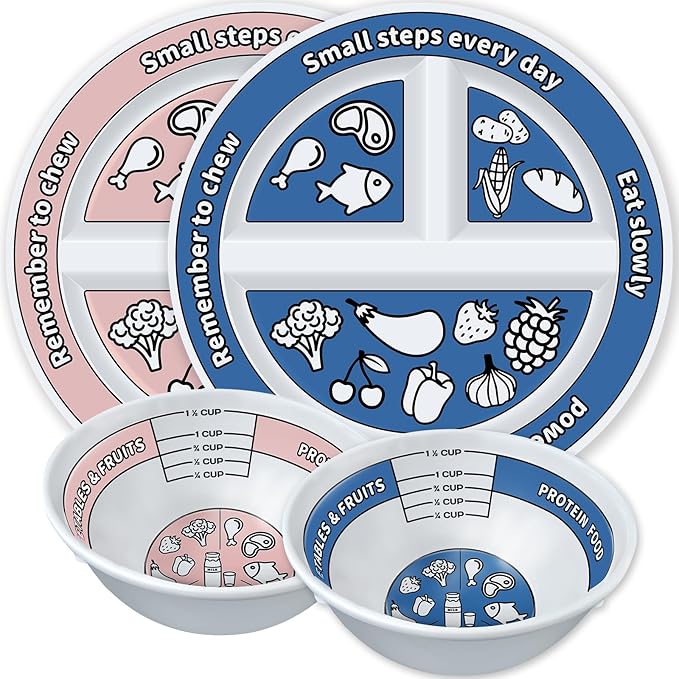 4 Pcs Portion Control Plates & Bowls Set (2 Plates + 2 Bowls, 9 Inch) - Self-Measuring for Weight Loss, Gastric Bypass, LapBand, Diabetes & Healthy Diets, Pink & Blue, for Adults & Children-Ruum Studio Home