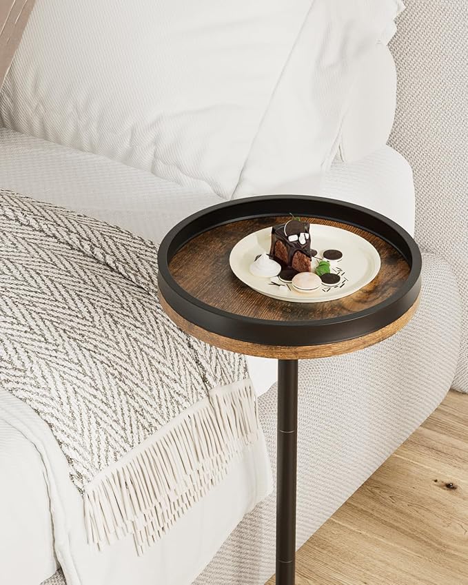 Masupu Drink Table, Round Side Table for Small Spaces, Pedestal Small End Table with Metal Base, for Living Room, Bedroom, Bathroom, Rustic Brown+Black(Lip)-Ruum Studio Home