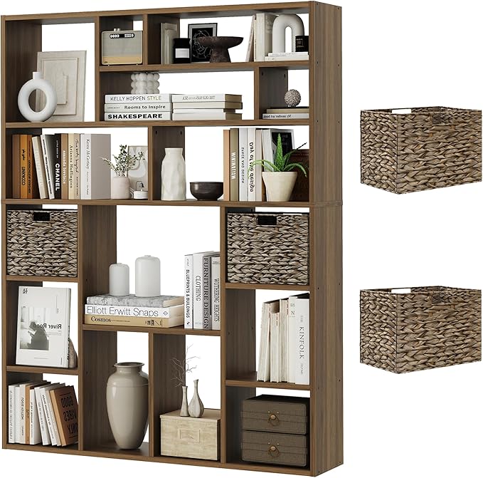 71” Tall Wooden Bookcase 6-Tier Large Bookshelves with 2 Woven Baskets, 55" Wide Floor Standing Wood Display Organizer Shelves for Living Room（Brown）-Ruum Studio Home