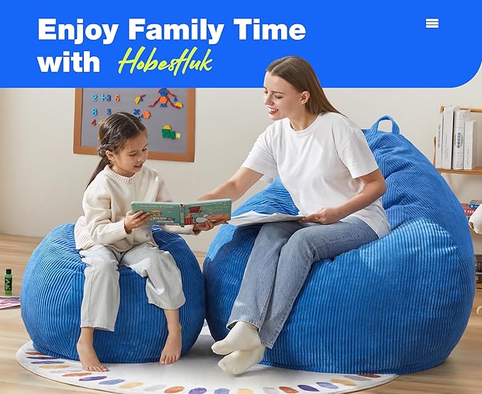 Hobestluk 4.5FT Bean Bag Chair Giant Bean Bag Chair with Filler Included Adult Bean Bag Chairs with Removable Cover for Bedroom Living Room (Jumbo, Blue)-Ruum Studio Home