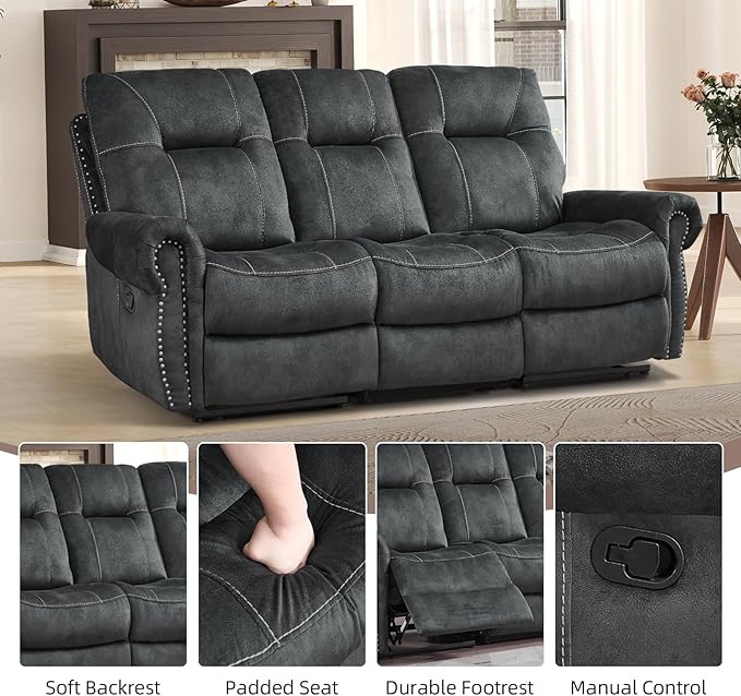 EBELLO Manual Recliner 3 Seat Sofa Couch, Soft Fabric 3 Seater Reclining Couch Chair, Vintage Rivet Mid-Century Design Furniture for Living Room, Meeting Room, Grey-Ruum Studio Home