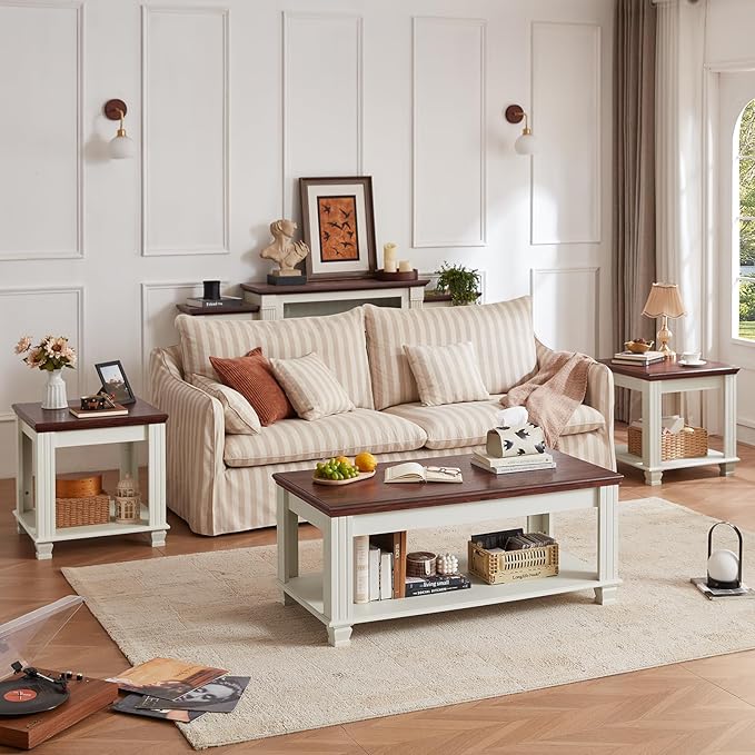 Farmhouse Coffee Tables for Living Room,Square Tea Table with Open Storage Shelf,Large Coffee Table,Rustic Wooden Center Table,White-Ruum Studio Home