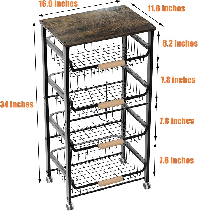 5-Layer Fruit Basket Kitchen Food Organizer and Rack, Stackable Storage Cart with Desktop, Pull-Out Hollow Metal Basket, Wheeled Sorting Rack Spice Rack, Black-Ruum Studio Home