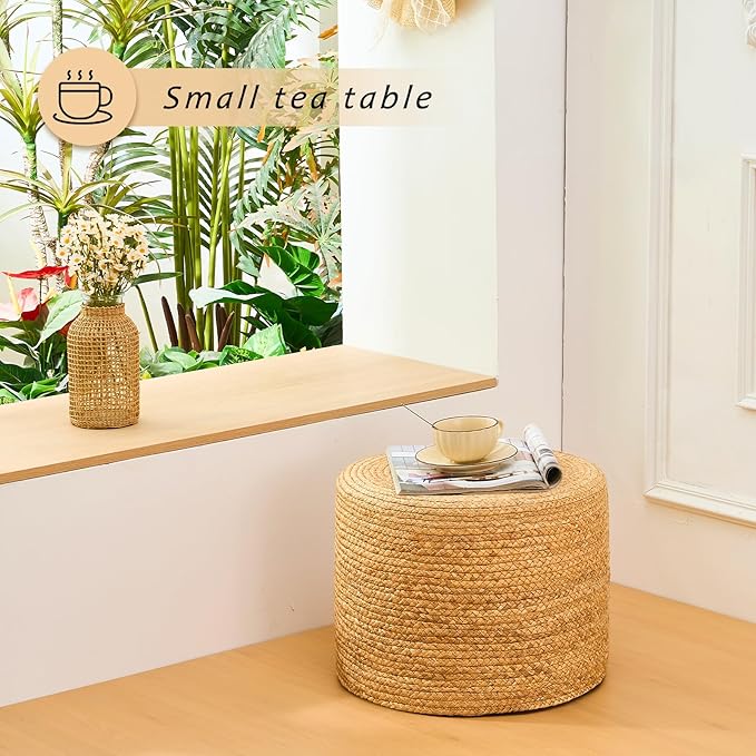 Handwoven Water Hyacinth Ottoman Pouf, Round Outdoor Footstool with Sturdy Frame, No Assembly Needed, Boho Accent Stool for Indoor & Outdoor Use – Patio, Balcony, Living Room (Natural)-Ruum Studio Home