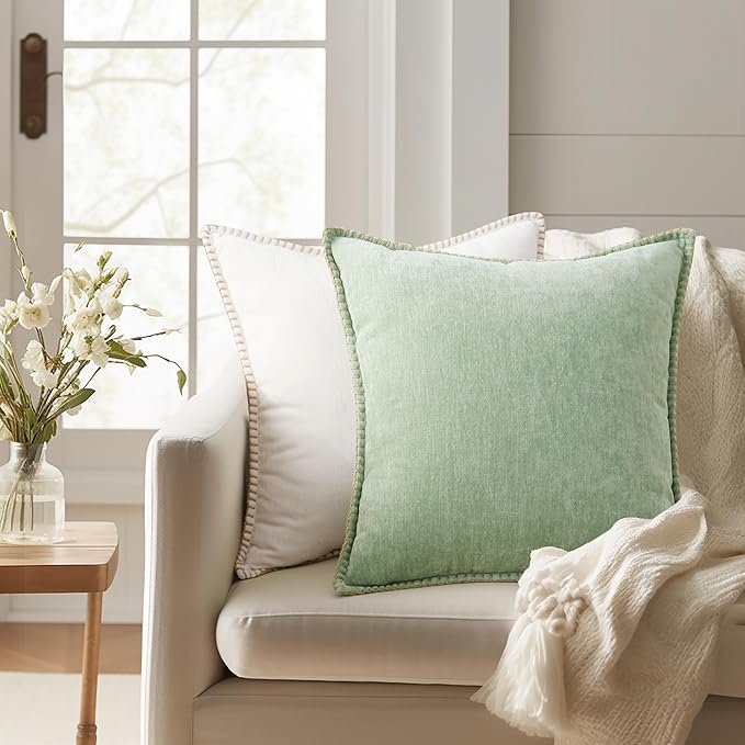 decorUhome Chenille Soft Throw Pillow Covers 22x22 Set of 2, Farmhouse Velvet Neutral Decorative Euro Pillow Covers with Stitched Edge for Couch Sofa Bed Home Decor, Sage Green-Ruum Studio Home