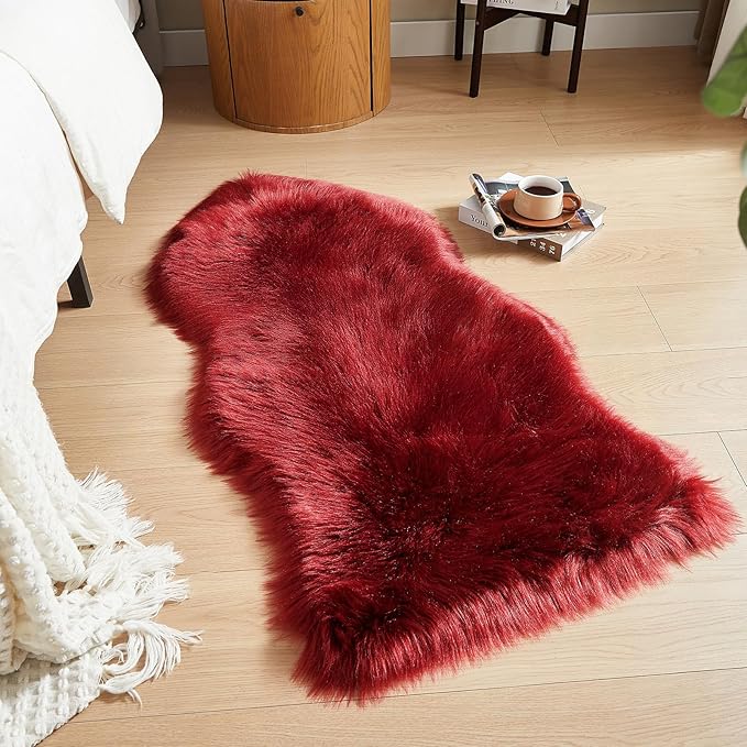 AMTOVO Faux Fur Rug, Burgundy Area Rug, Fluffy Sheepskin Rug, Fuzzy Ultra Soft 2 x 4 ft Shag Rugs for Bedroom Sofa Throw Cushion Room Decor, Sheepskin-Ruum Studio Home