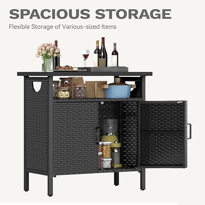 DWVO Patio Storage Cabinet, Outdoor Buffet Cabinet with Two Doors and Shelves, Outdoor Storage Bar Table with PE Rattan for Patio, Backyard, Garden - Black-Ruum Studio Home