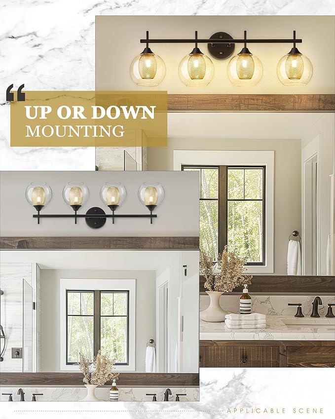 Bathroom Light Fixtures, 4-Light Black and Gold Vanity Lights Over Mirror, 30inch Farmhouse Wall Sconce Lighting with Clear Glass and Honeycomb Metal Shade, AD-22001-4W-BK-Ruum Studio Home