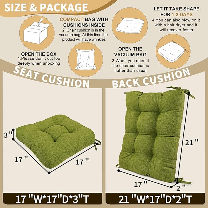 BUYUE Chair Cushion Set for Rocking Chair, Back Pillow & Seat Cushion with Ties, Original Woven Fabric Non-Slip Chair Pads for Elderly Sitting, Grass Green-Ruum Studio Home