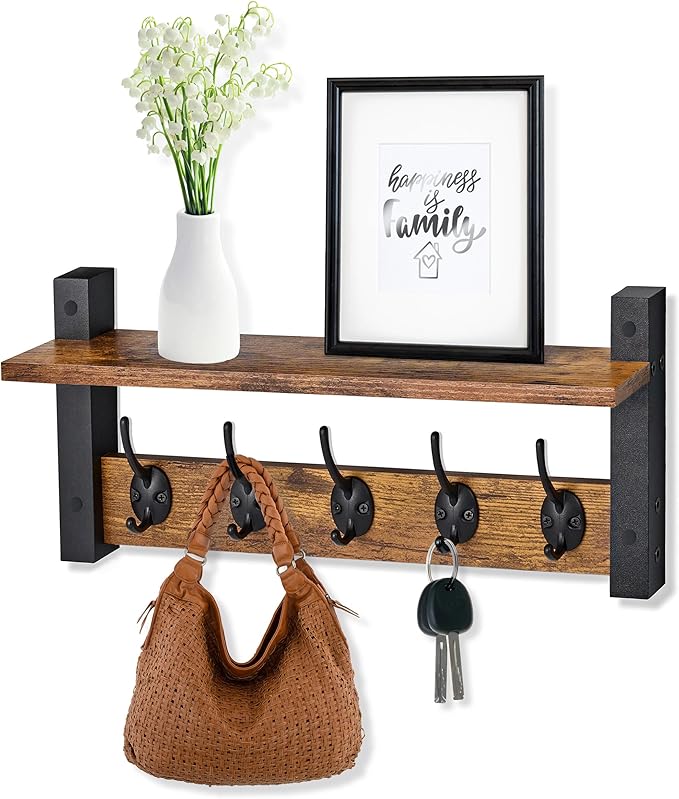 Sorbus Coat Hooks Wall Mount with Shelf – 16 Inch Coat Rack Wall Mount with 5 Heavy Duty Hooks – Floating Wall Shelf with Hooks for Entryway, Bathroom, Bedroom, Kitchen, or Mudroom (Rustic Brown)-Ruum Studio Home
