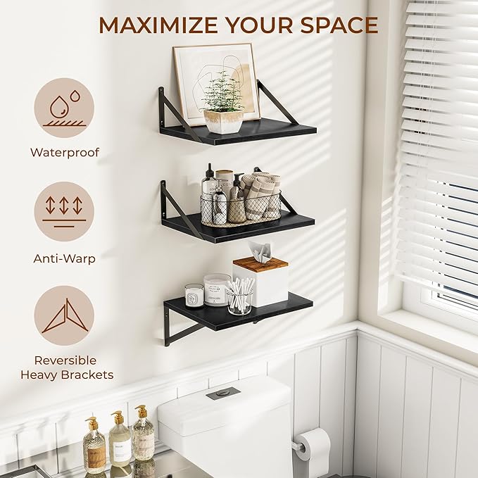 Heimlove Deep Floating Shelves for Wall, 12 Inch Deep Floating Shelves Set of 3, 16W x 12D Wood Wall Shelves, Wide Wood Shelves with Metal Bracket for Living Room, Kitchen, Office, Bedroom - Black-Ruum Studio Home