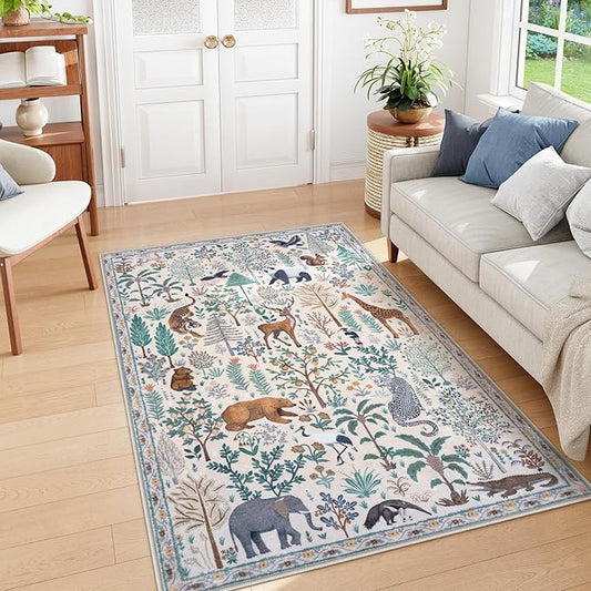 OJIA Jungle Print Washable Area Rugs 5x7, Soft Modern Rugs for Living Room Ultra-Thin Non-Shedding Bedroom Rug, Stain Resistant Neutral Area Rug Large Carpet for Dining Room Kids Nursery Playroom-Ruum Studio Home