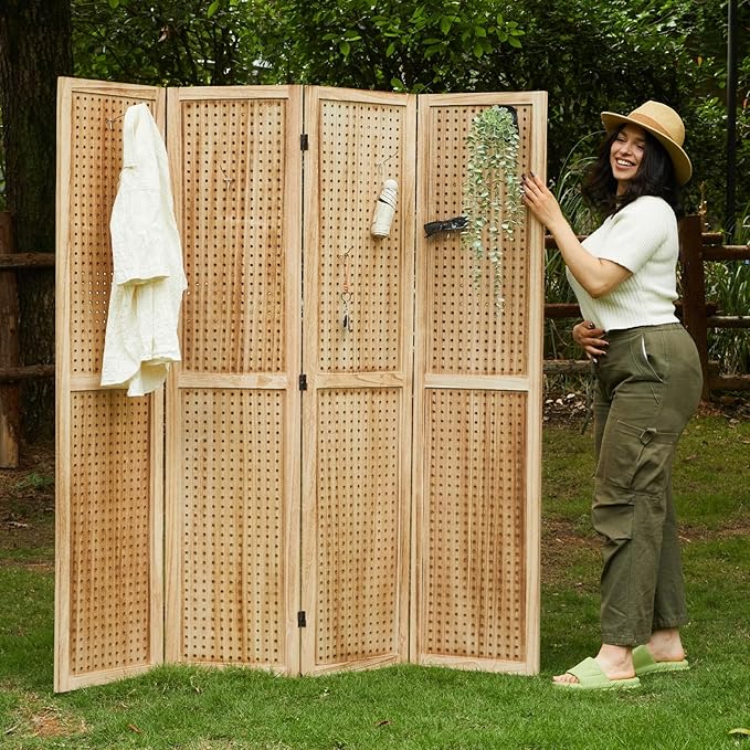 Room Divider Freestanding Folding Pegboard Privacy Screen | 4-Panel Display Stand for Jewelry, Craft Shows, Retail | Natural Wood, Portable & Space-Saving Design (Natural)-Ruum Studio Home